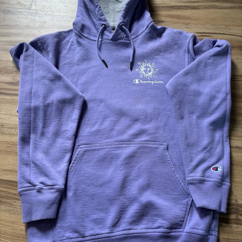 Champion Hoodie sun Logo drawstring purple small